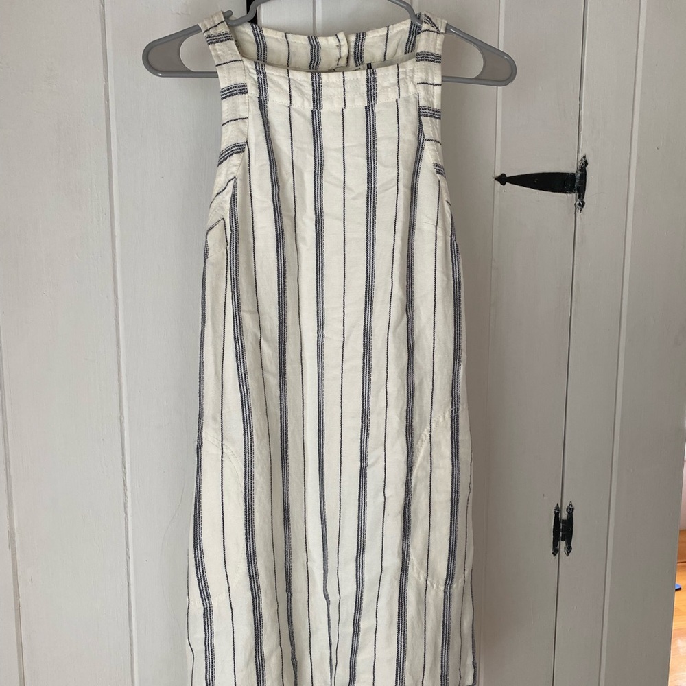 Anthropologie Akemi Kin Claudia Navy White Linen Striped Sleeveless Dress Size 0